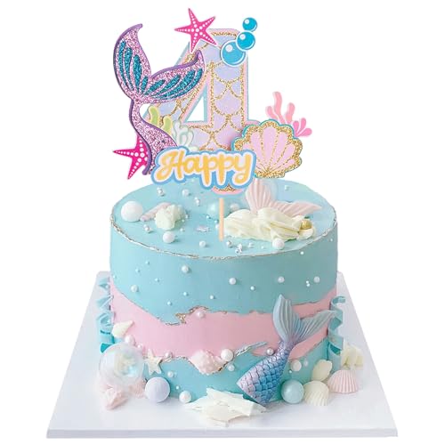 Mermaid Tortendeko Sea Kuchen Deko Cake Topper 4 Jahre Glitter Kuchendekoration für Mädchen Geburtstag, Jubiläum, Thema Party von JIOLINK