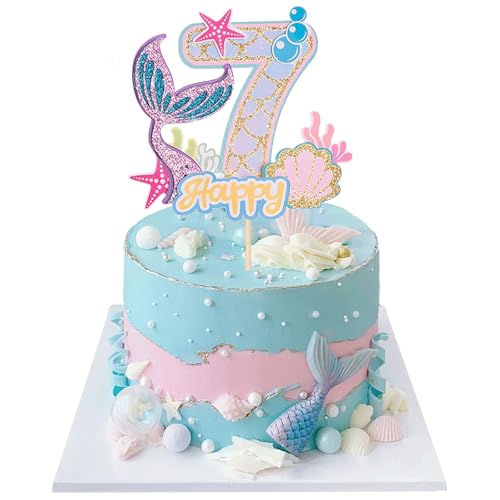 Mermaid Tortendeko Sea Kuchen Deko Cake Topper 7 Jahre Glitter Kuchendekoration für Mädchen Geburtstag, Jubiläum, Thema Party von JIOLINK