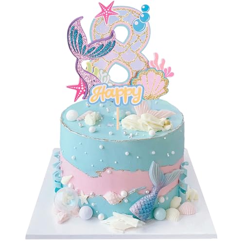 Mermaid Tortendeko Sea Kuchen Deko Cake Topper 8 Jahre Glitter Kuchendekoration für Mädchen Geburtstag, Jubiläum, Thema Party von JIOLINK