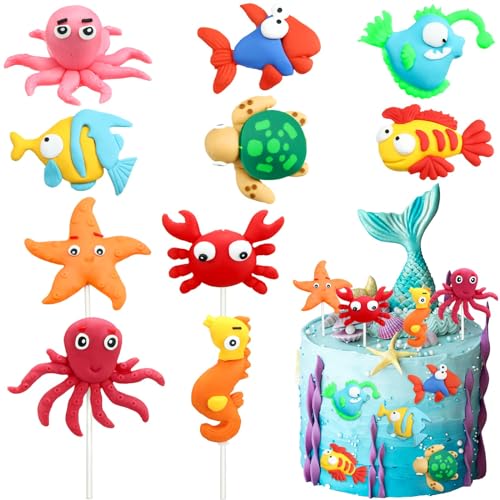 Sea Tortendeko 10 Stück Meerestiere Kuchen Deko 3D Cake Topper Figure für Kinder Geburtstag, Baby Shower, Thema Party Dekorieren von JIOLINK