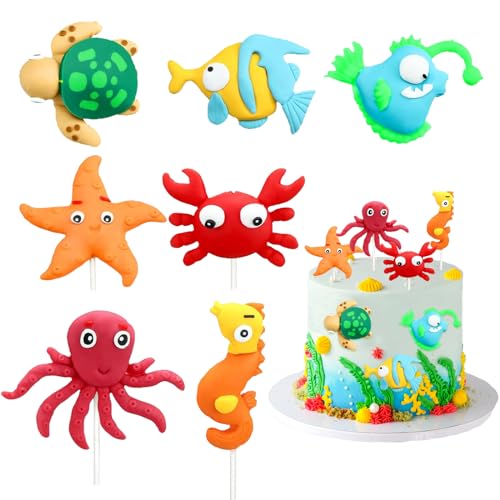 Sea Tortendeko 7 Stück Meerestiere Kuchen Deko 3D Cake Topper Figure für Kinder Geburtstag, Baby Shower, Thema Party Dekorieren von JIOLINK