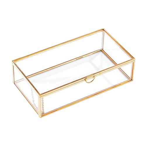 JISADER Schmuckschatulle aus Glas, Aufbewahrungsbox für Kosmetik, rechteckig, staubdicht, Schmuck-Organizer, Schmucketui für Ohrringe, Anhänger, Mädchen, Goldene Aufreißlasche von JISADER