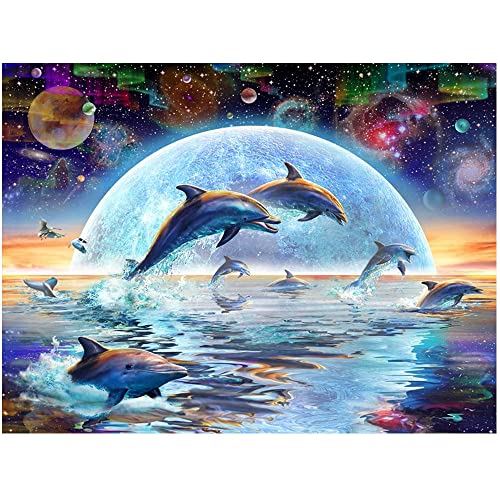 JISHSHAY 5D DIY Diamond Painting Delfin Der Planet 50x40CM Full Strass Stickerei Diamant Ppainting Bilder Planet Am Meer Diamond Painting Delfin von JISHSHAY