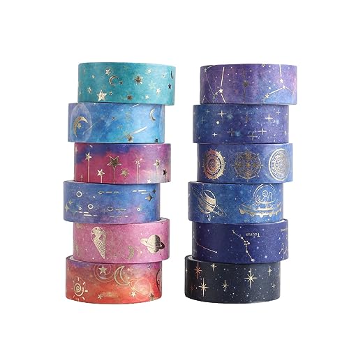 JITNGA 12 Rollen Washi Tape Goldfolie Dekoratives Klebeband Mit Himmlischem Blauem Himmel Mondstern Perfekt Für Tagebuchdekoration DIY Geschenkverpackung Basteln Sammelalbum von JITNGA