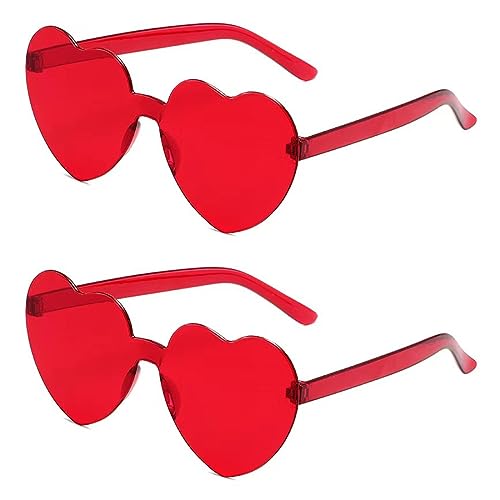 JITNGA 2 Stück Herz Hippie Sonnenbrille Randlos Candy Transparent Sonnenbrille Retro Hippie Bunte Brille Für Kostüm Zubehör Für Cosplay 70Er Jahre Party (Rot) von JITNGA