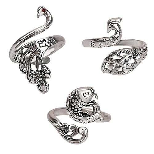 JITNGA 3 Stück Verstellbare Strickschlaufe Häkelring Pfau Fisch Phoenix Metall Gewebte Ringe Offener Ring Finger Halter Zubehör Für Basteln Handweben Haken Line Supplies (Silber) von JITNGA