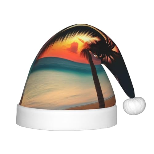 JIUTY Weihnachtsmütze, Motiv: tropische Strandpalme, Sonnenuntergang, 1 Stück, Plüsch, Weihnachtsmannmütze, für Teenager, Weihnachten, Neujahr, Party, Kopfbedeckung von JIUTY