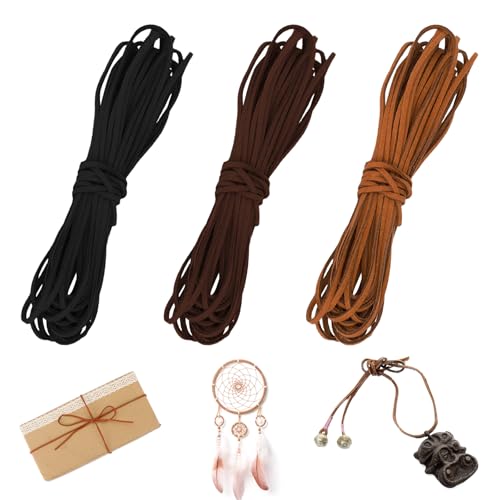 JIYIN 3 Stück Lederband für Ketten, 3 Farben 10M x 3mm Lederschnur Lederband Faux Wildleder Schnur Lederbänder für DIY Armband Halskette Schmuck Handwerk von JIYIN