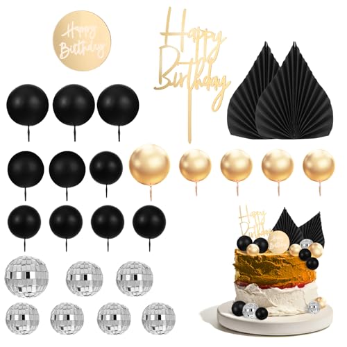 JIYIN 26 Stück Tortendeko Kugeln, Schwarz and Gold Kuchen Dekoration Palm Leaves Cake Toppers Discokugel Tortendeko Schaum Kugeln Kuchenaufsätze für Geburtstag Hochzeit Valentinstag von JIYIN