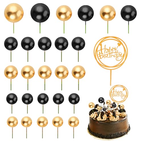 JIYIN 27 Stück Tortendeko Kugeln, Gold Schwarz Cake Topper Tortendeko Geburtstag Happy Birthday Cupcake Topper für Geburtstag von JIYIN