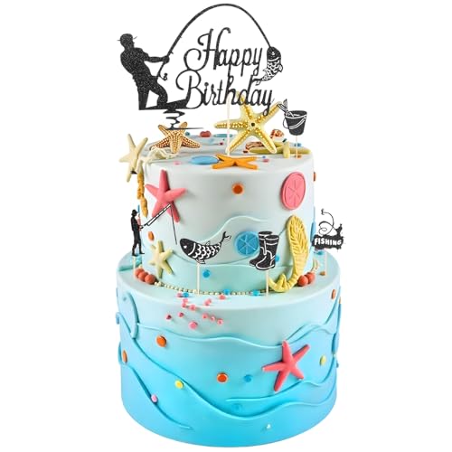 JIYIN 6 Stücke Angler Cake Topper, Kuchendeko Fische Angeln Deko Geburtstag Happy Birthday Tortendeko Angler Tortenaufleger für Tortendeko Geburtstag Mann von JIYIN