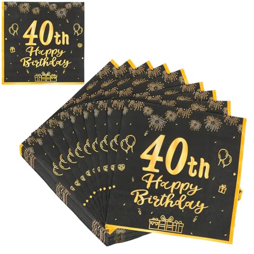 Molain 40 Stück 40 Geburtstagsdeko Servietten, 33cm x 33cm Schwarze Gold Happy Birthday Servietten Papier Party Servietten für 40. Geburtstag Mann Frau Geburtstags Party Deko(40th) von JIYIN