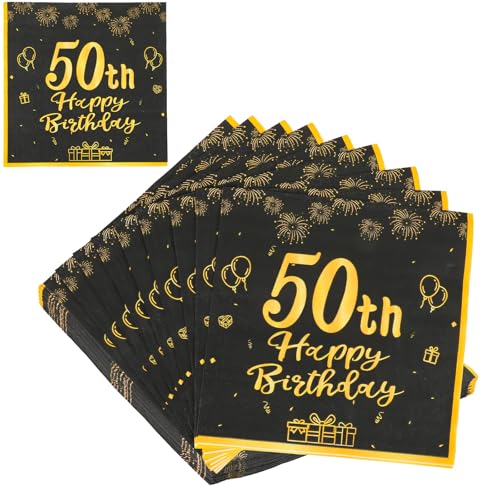 Molain 40 Stück 50 Geburtstagsdeko Servietten, 33cm x 33cm Schwarze Gold Happy Birthday Servietten Papier Party Servietten für 50. Geburtstag Mann Frau Geburtstags Party Deko(50th) von JIYIN