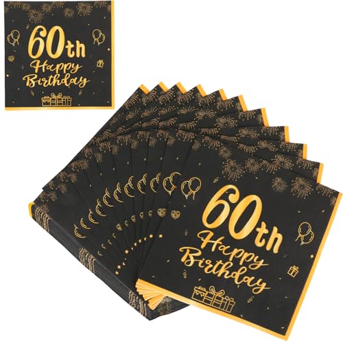 Molain 40 Stück 60 Geburtstagsdeko Servietten, 33cm x 33cm Schwarze Gold Happy Birthday Servietten Papier Party Servietten für 60. Geburtstag Mann Frau Geburtstags Party Deko(60th) von JIYIN