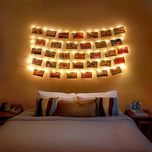 JIZZU 10M 100 LED Lichterkette für Foto, Fotos Wand mit 60 Klammern， Fotos Lichterkette Batterie für Zimmer Deko, Schlafzimmer, Hochzeit, Geburtstag, Warmweiß von JIZZU