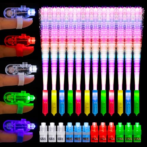 JIZZU 12 Stück Leuchtstäbe Glasfaser, Bunt LED Knicklichter Party Set mit 12pcs Fingerlampe, 3 Modi Blinkende, Glow Sticks für Kindergeburtstag Weihnachten Hochzeit Neon Party von JIZZU