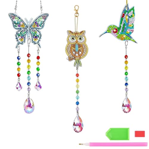 3 Stück Diamond Painting Sonnenfänger Windspiel Bastelset Kinder Erwachsene DIY Schmetterling Vögel Eule 5D Diamant Malerei Anhänger Basteln Mädchen Geschenk Hängende Deko für Fenster Garten Zuhause von JJCHQ