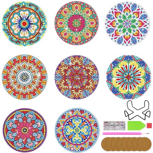 Mandala Diamond Painting Untersetzer mit Halter, 8 Stück DIY Art 5D Diamant Malerei Glasuntersetzer Erwachsene Basteln Tassenuntersetzer Acryl Holz Untersetzer für Tassen Gläser Getränke Vasen Kerzen von JJCHQ