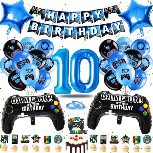 JJJZAMZ Deko 10 Geburtstag Junge, Luftballon 10. Geburtstag Junge, Geburtstagsdeko 10 Jahre Junge mit PlayGamer Tortendeko, Geburtstagsdeko Jungen Ballons Blau für Gamer Deko Party Deko Geburtstag von JJJZAMZ