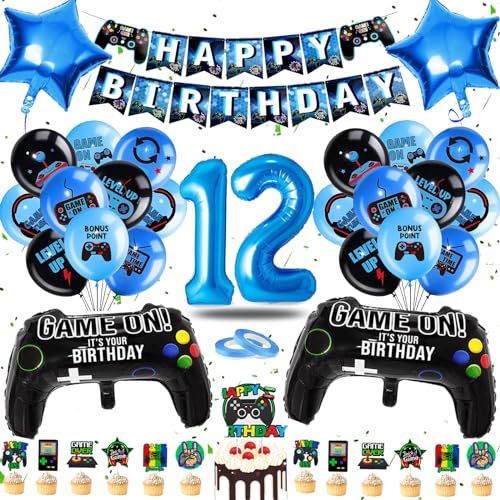 JJJZAMZ Geburtstagsdeko 12 Jahre Junge, Luftballon 12. Geburtstag Junge, Deko 12 Geburtstag Junge mit PlayGamer Tortendeko, Geburtstagsdeko Jungen Ballons Blau für Gamer Deko Party Deko Geburtstag von JJJZAMZ