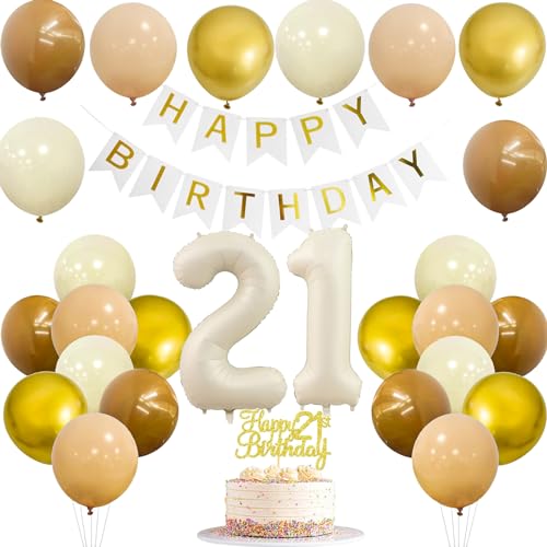 JJJZAMZ 21 Geburtstag Deko Frauen Manner, Banner 21 Geburtstag Girlande mit Luftballons 21. Geburtstag Beige Braun Gold Party Ballons Tortendeko 21. Geburtstag Party Dekoration von JJJZAMZ