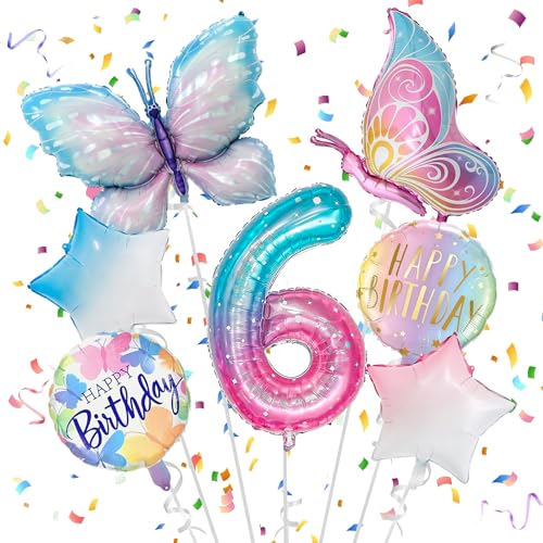 JJJZAMZ Geburtstagsdeko Schmetterling 6 Jahre, Schmetterling Luftballon 6. Geburtstag Mädchen, Folienballon Schmetterling, Schmetterling Deko Geburtstag 6 Jahre Mädchen für Schmetterling Party von JJJZAMZ