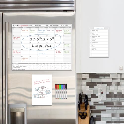 JJPRO Nicht magnetischer, trocken abwischbarer Kalender für Kühlschrank, Monatskalender für alle glatten Oberflächen, monatlicher Gewohnheitstracker, Whiteboard, zwei Bonus-Notizblock, Whiteboards, von JJPRO