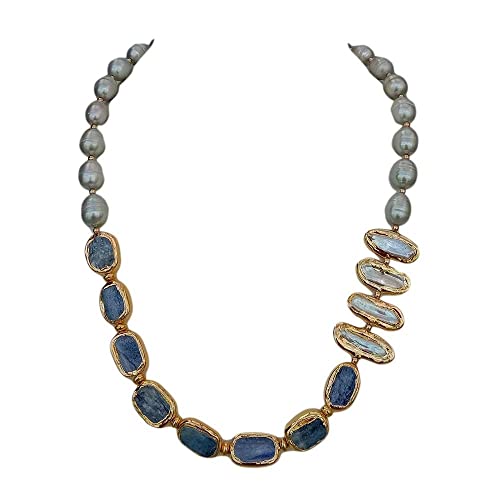 Blaue Kyanit-Pflasterung, Gold gefüllt, Süßwasser-Zuchtperle, graue Reisperle, weiße Biwa-Perlenkette, 58,4 cm JJQEJMMT von JJQEJMMT