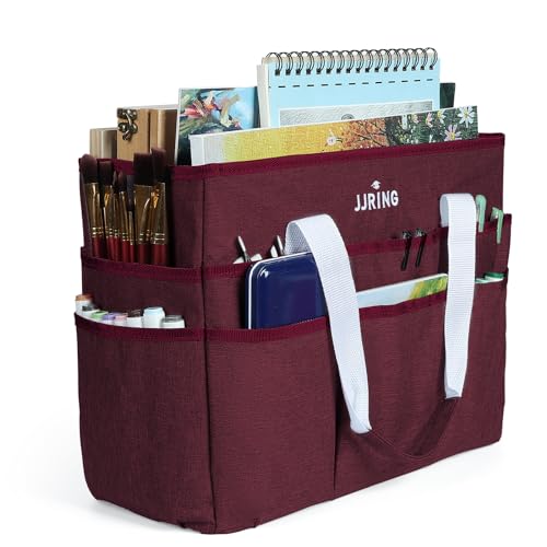 JJRING Bastel-Organizer-Tragetasche, große Kunst-Aufbewahrungsbox mit mehreren Taschen, dunkelrote Nähtasche für Kunst, Handwerk, Scrapbooking, Schule, Medizin und Bürobedarf von JJRING