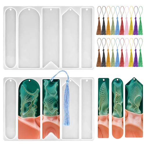 JJUNW 10 Stück Lesezeichen Silikonform, 5 Formen Epoxidharz Lesezeichen Form mit 20 Quasten, Lesezeichen Harz Form Silikonform Epoxidharz für DIY Lesezeichen Handwerk von JJUNW