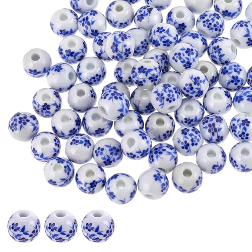 JJUNW 100 Stück Keramikperlen 10mm, Perlen zum Auffädeln Bastelperlen Blumen Muster DIY Keramik Perlen, Bunte Perlen Auffädeln für DIY Schmuck Arts Crafts Halskette Armreifb Armband(Blau) von JJUNW