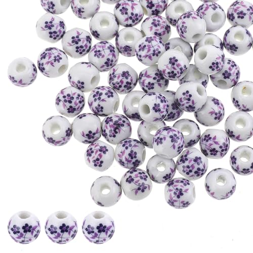 JJUNW 100 Stück Keramikperlen 10mm, Perlen zum Auffädeln Bastelperlen Blumen Muster DIY Keramik Perlen, Bunte Perlen Auffädeln für DIY Schmuck Arts Crafts Halskette Armreifb Armband(Lila) von JJUNW