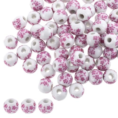 JJUNW 100 Stück Keramikperlen 10mm, Perlen zum Auffädeln Bastelperlen Blumen Muster DIY Keramik Perlen, Bunte Perlen Auffädeln für DIY Schmuck Arts Crafts Halskette Armreifb Armband(Rosa) von JJUNW