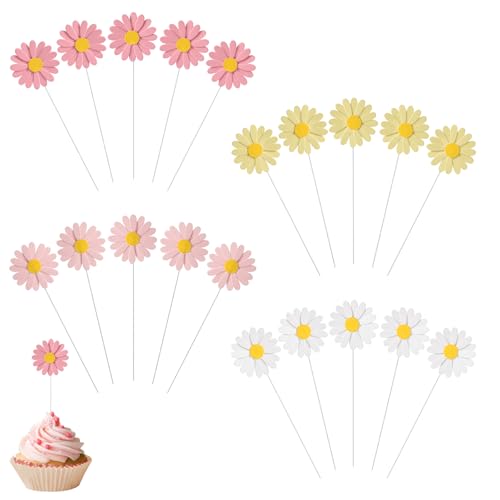 JJUNW 20 Stück Gänseblümchen Tortendeko, Mehrfarbig Blumen Pappbecher Kuchendeko Daisy Cupcake Topper Tortenaufleger für Happy Birthday Partydeko Hochzeitstorte (Hellrosa+Rosa+Weiß+Gelb) von JJUNW