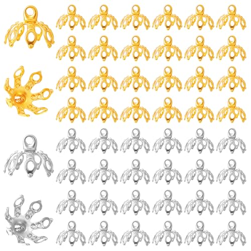 JJUNW 50 Stück Blumen-Perlenkappen, Ornament-Kappen, Metallperlen-Endkappen mit 7 Zinken, Gold- und Silber-Schmuck-Endkappen für Armbänder, DIY, Handwerk, Schmuckherstellung JJUNW 50 Stück Blumen-Perlenkappen, Ornament-Kappen, Metallperlen-Endkappen mit 7 Zinken, Gold- und Silber-Schmuck-Endkappen für Armbänder, DIY, Handwerk, Schmuckherstellung von JJUNW