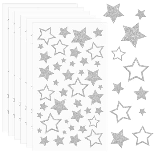 JJUNW 6 Blatt Sterne Aufkleber, Selbstklebend Glitzer Sternaufkleber Belohnungssticker für Kinder Star-Etiketten für Scrapbooking DIY-Grußkarten Weihnachten Deko Weihnachtskarten Bastelarbeiten(Silber von JJUNW