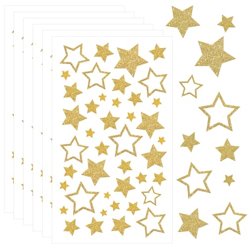 JJUNW 6 Blatt Sterne Aufkleber, Selbstklebend Glitzer Sternaufkleber Belohnungssticker für Kinder Star-Etiketten für Scrapbooking DIY-Grußkarten Weihnachten Deko Weihnachtskarten Bastelarbeiten(Gold) von JJUNW