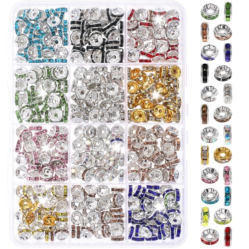 JJUNW 720 Stück Zwischenperlen Strass, Metall Spacer Beads 8mm Bunt Flache Zwischen Perlen Strasssteine Metallperlen für DIY Halskette Armband Anhänger Abstandshalter (12 Farben) von JJUNW