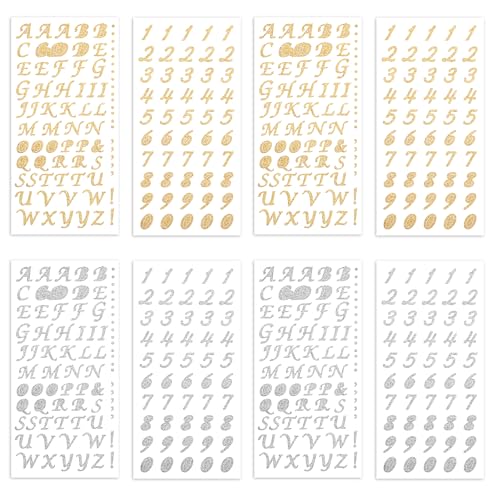 JJUNW 8 Blätter Buchstaben Aufkleber, Glitzer Klebebuchstaben Buchstaben Sticker Gold Silber Buchstabenaufkleber Selbstklebende Letter Sticker für DIY Scrapbooking Dekorationskunst von JJUNW