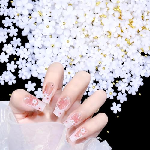 JJUNW Blumen Nagel Charms, 1000 Stück Nagelanhänger, 3D Flower Nagelkunstdekoration Acryl Blumen Nail Gems mit Goldene Stahlkugeln für Frauen Nagel Nagelkunst-Dekorationen Designs DIY-Bastelzubehör von JJUNW