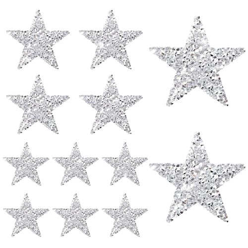 JJUNW Bügelbilder Stern Patches, 12 Stück Glitzer Strass Flicken zum AufbüGeln, Stern Aufbügelbilder Aufkleber 8/6/4cm Strass Star Applikation Aufnäher für DIY Kleidung Hose Hut Schuh Rucksack(Silber) von JJUNW