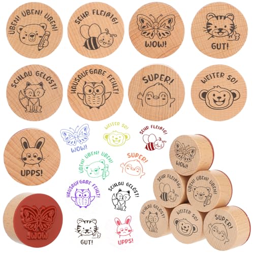 JJUNW Holz Lehrer Stempel, 9 Stück Tiere Motivstempel Stempel Set, Stempel für Lehrer Belohnung Kinder Holzstempel Lob Schüler Stempel Rund Holzstempel für Belohnung Lob und Motivation in der Schule von JJUNW