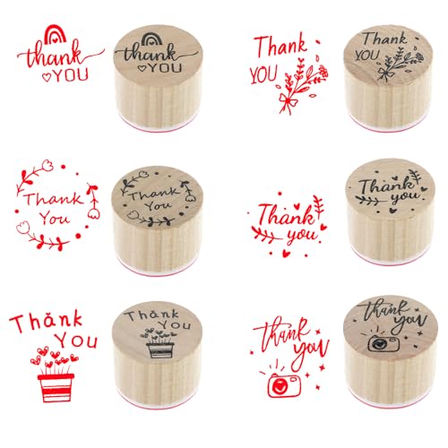 JJUNW Holzstempel Set, 6 Stück Holz Thank You Stempel, Rund Holzstempelset Danke Handmade Stempel Klein Motivstempel für Kartenbasteln DIY Scrapbooking Geschenkpapier Basteln von JJUNW