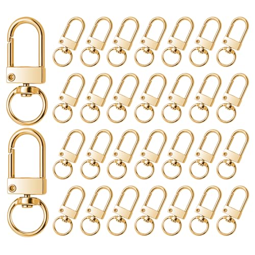 JJUNW 30 Stück Schlüsselanhänger Karabiner, Karabinerhaken mit Drehgelenk, Karabinerverschlüsse mit D-Ring 360° drehbarem Schlüsselringe Edelstahl für DIY Keychain Schlüsselring Stecker (Gold) von JJUNW