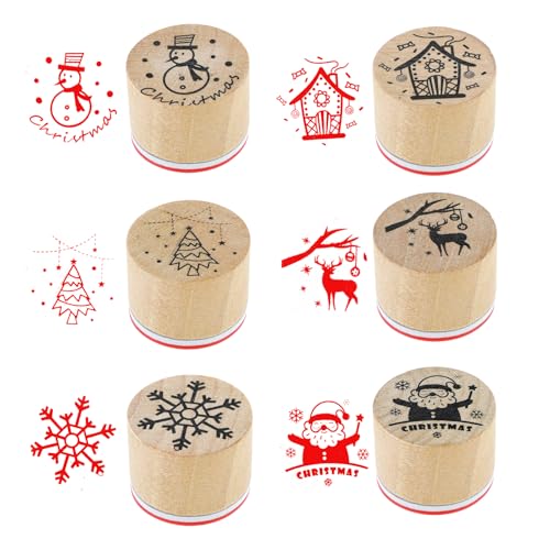 JJUNW Runde Holzstempel, 6 Stück Gummistempel aus Holz, Weihnachts Holzstempel Fröhliche Weihnachten Stempel für DIY Scrapbooking Basteln Einschließlich Santa Claus Christmas tree Snowflakes Snowman von JJUNW