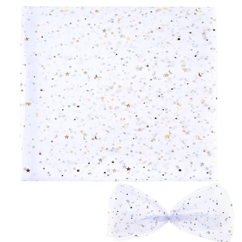 JJUNW 155x100cm Tüllstoff Glitzer, Netzstoff Dekostoff, Tüllstoff mit Sternen Sparkly Stoff Tüll Spitze Stoff Tüll Dekostoff mit kleine Pailletten für Hochzeit Weihnachten Halloween DIY Deko(weiß) von JJUNW