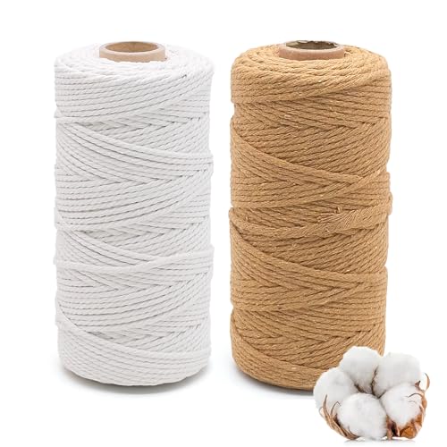 2 Stück Makramee Garn 3mm x 100m Bunt Baumwollgarn Natur Macrame Cord,Makramee Garn Set Grün für DIY Handwerk Boho Deko Stricken Wandbehang Dekoration (Beige, Khaki) von JJYHEHOT