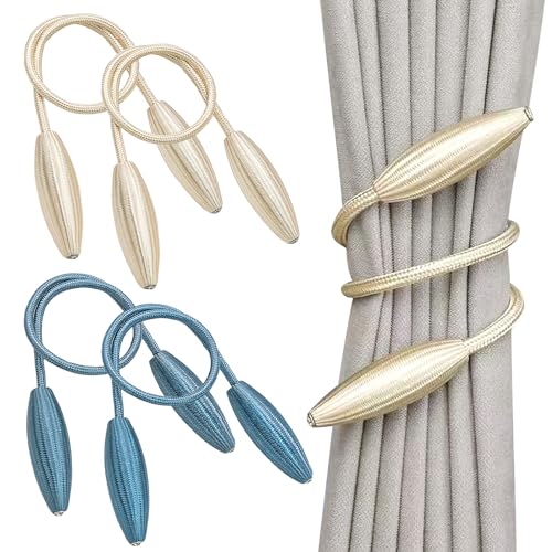 4 Stück Gewebte Vorhang Raffhalter, Flexible Vorhang Krawattenhalter, Freie Verformung, Vorhang Clips Seil Gardinenhalter für Zuhause und Büro (Beige, Blau) von JJYHEHOT