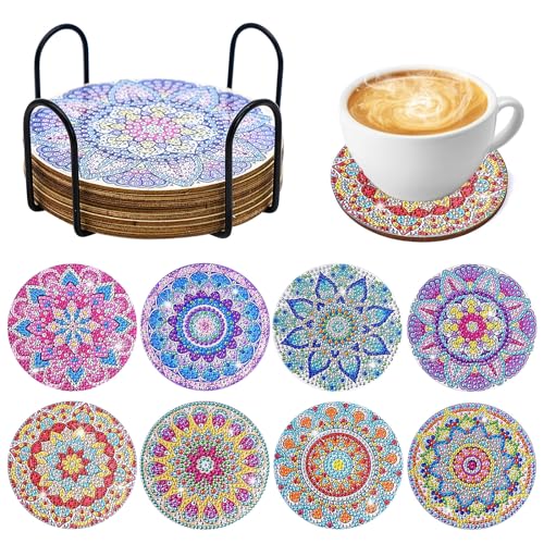 8 Stück Diamond Painting Untersetzer, Diamond Painting Erwachsene Untersetzer mit Halter, 5D Diamant Tassenuntersetzer, DIY Mandala Untersetzer rutschfest für Anfänger, Erwachsene & Kind von JJYHEHOT