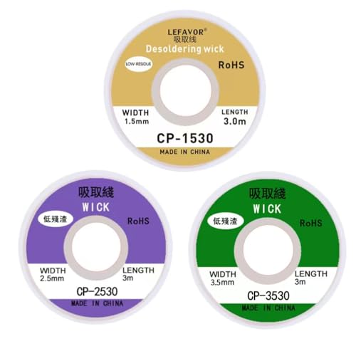 JJiaoLinin Entlötlitze,3 Stück No-Clean Entlötlitze Kupfer Entlötdraht 1.5 mm*3 m, 2.5 mm*3 m, 3.5 mm*3 m von JJiaoLinin